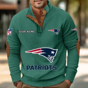 New England Patriots Button Up Shirts Stand Collar Long Sleeve Shirt Elbow Patches