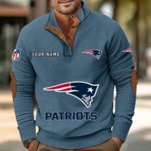 New England Patriots Button Up Shirts Stand Collar Long Sleeve Shirt Elbow Patches