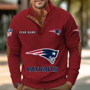 New England Patriots Button Up Shirts Stand Collar Long Sleeve Shirt Elbow Patches