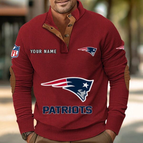 New England Patriots Button Up Shirts Stand Collar Long Sleeve Shirt Elbow Patches