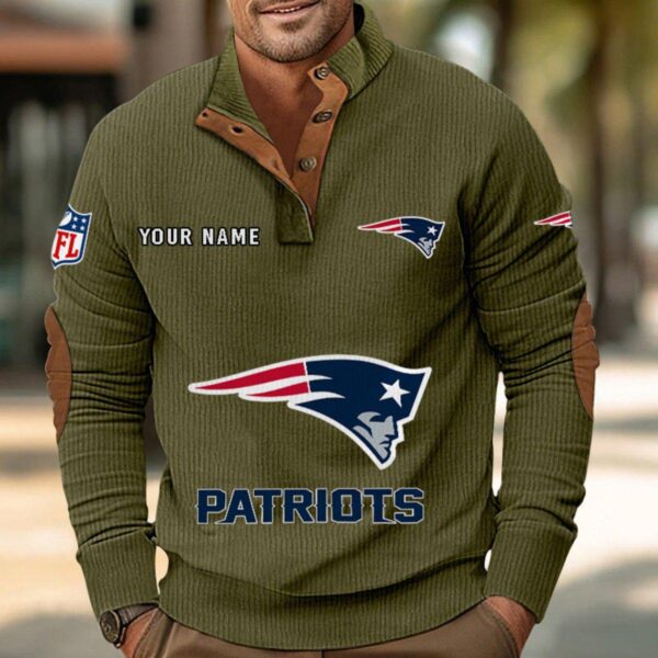 New England Patriots Button Up Shirts Stand Collar Long Sleeve Shirt Elbow Patches