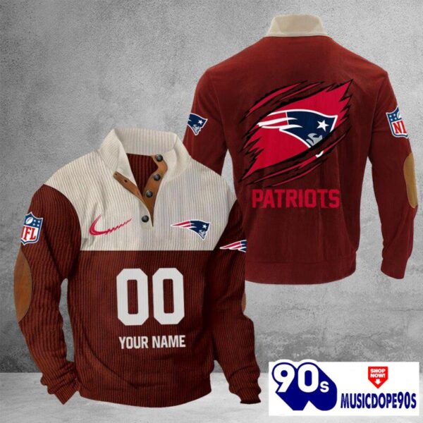 New England Patriots Vintage Button Up Shirts Stand Collar Long Sleeve Shirt Elbow Patches