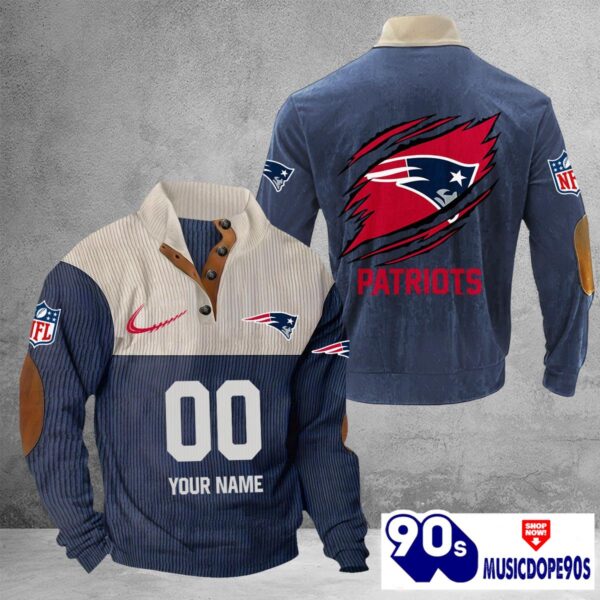 New England Patriots Vintage Button Up Shirts Stand Collar Long Sleeve Shirt Elbow Patches