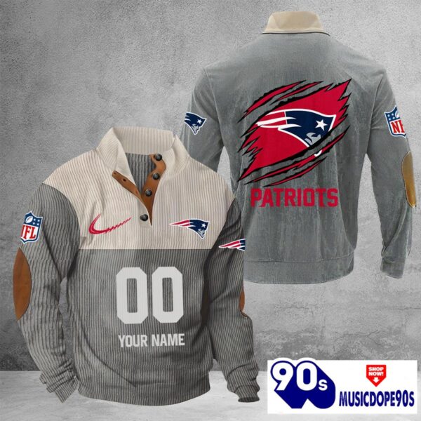 New England Patriots Vintage Button Up Shirts Stand Collar Long Sleeve Shirt Elbow Patches