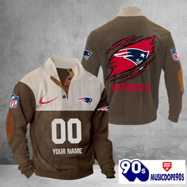 New England Patriots Vintage Button Up Shirts Stand Collar Long Sleeve Shirt Elbow Patches