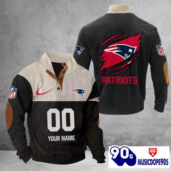 New England Patriots Vintage Button Up Shirts Stand Collar Long Sleeve Shirt Elbow Patches