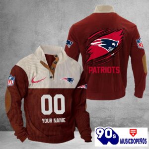 New England Patriots Vintage Button Up Shirts Stand Collar Long Sleeve Shirt Elbow Patches