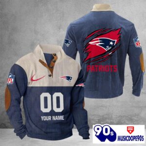 New England Patriots Vintage Button Up Shirts Stand Collar Long Sleeve Shirt Elbow Patches