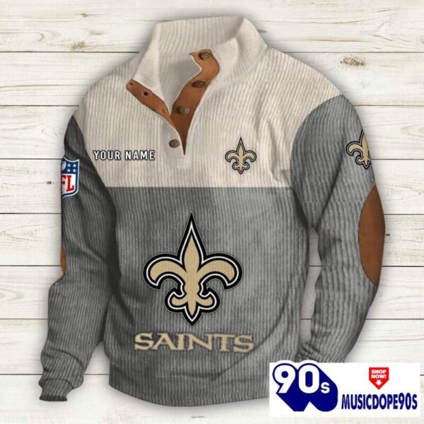 New Orleans Saints Button Up Shirts Stand Collar Long Sleeve Shirt Elbow Patches