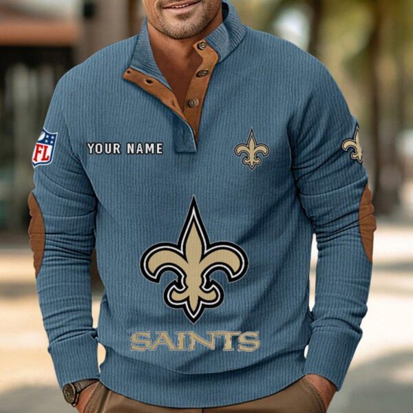 New Orleans Saints Button Up Shirts Stand Collar Long Sleeve Shirt Elbow Patches