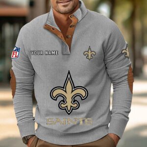 New Orleans Saints Button Up Shirts Stand Collar Long Sleeve Shirt Elbow Patches