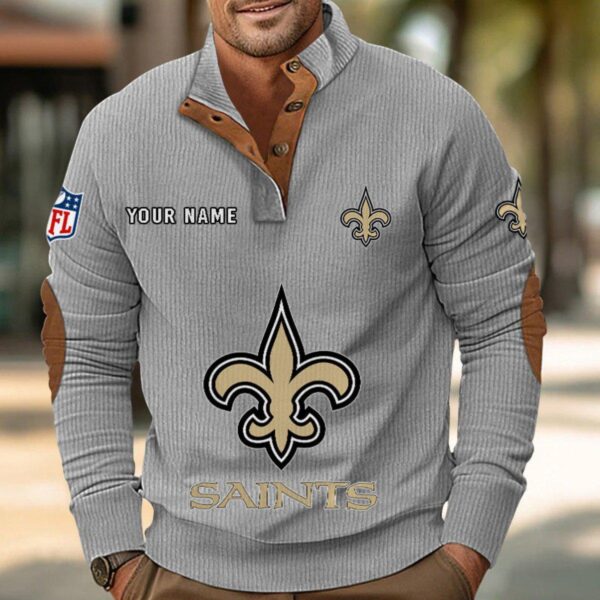 New Orleans Saints Button Up Shirts Stand Collar Long Sleeve Shirt Elbow Patches