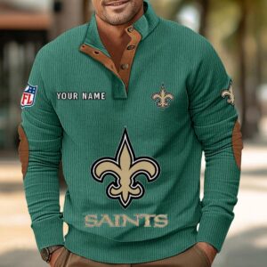 New Orleans Saints Button Up Shirts Stand Collar Long Sleeve Shirt Elbow Patches