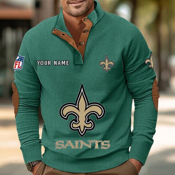 New Orleans Saints Button Up Shirts Stand Collar Long Sleeve Shirt Elbow Patches