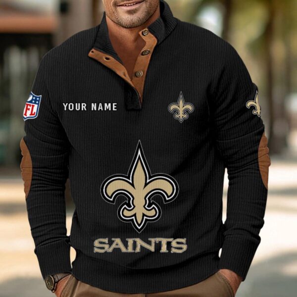 New Orleans Saints Button Up Shirts Stand Collar Long Sleeve Shirt Elbow Patches