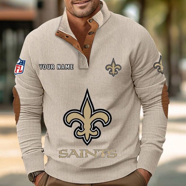 New Orleans Saints Button Up Shirts Stand Collar Long Sleeve Shirt Elbow Patches