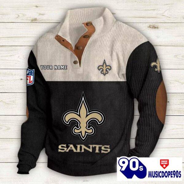 New Orleans Saints Button Up Shirts Stand Collar Long Sleeve Shirt Elbow Patches