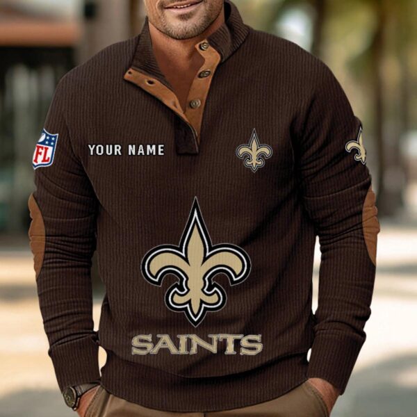 New Orleans Saints Button Up Shirts Stand Collar Long Sleeve Shirt Elbow Patches