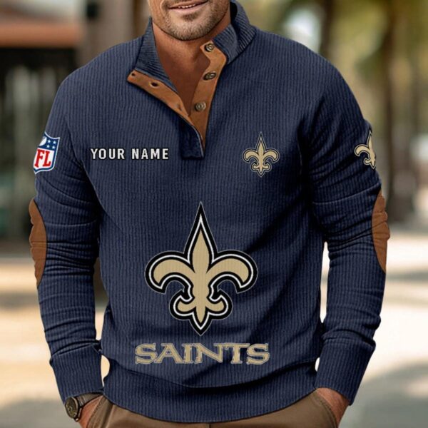New Orleans Saints Button Up Shirts Stand Collar Long Sleeve Shirt Elbow Patches