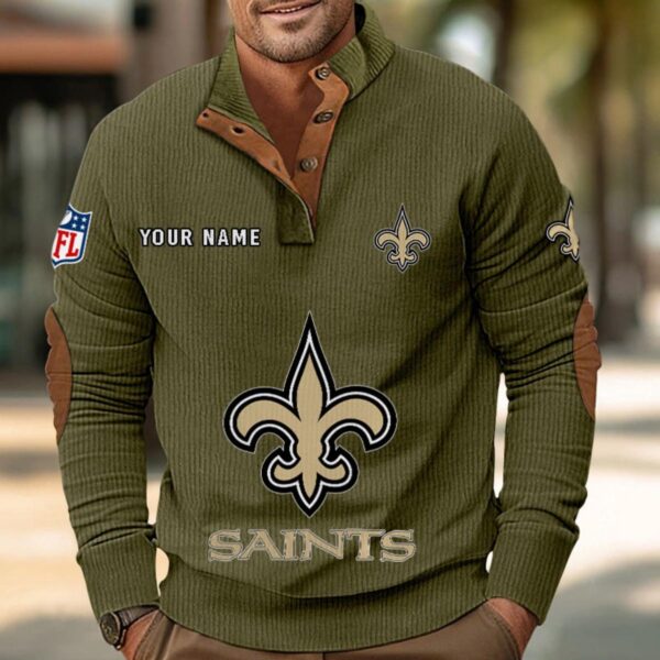 New Orleans Saints Button Up Shirts Stand Collar Long Sleeve Shirt Elbow Patches