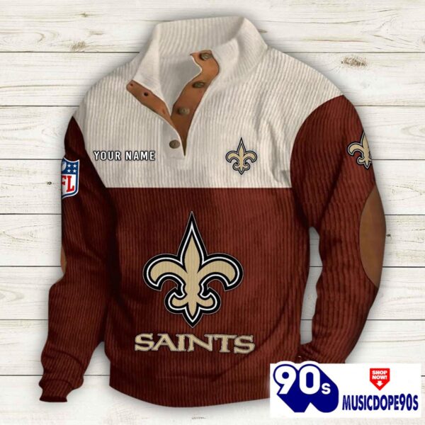 New Orleans Saints Button Up Shirts Stand Collar Long Sleeve Shirt Elbow Patches