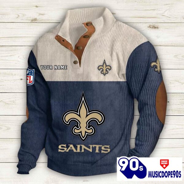 New Orleans Saints Button Up Shirts Stand Collar Long Sleeve Shirt Elbow Patches