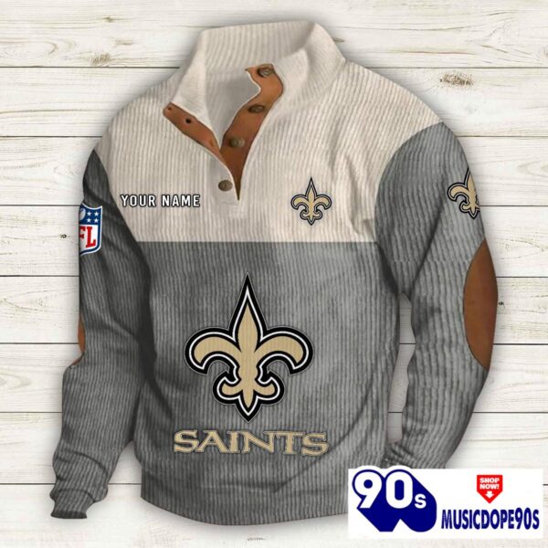 New Orleans Saints Button Up Shirts Stand Collar Long Sleeve Shirt Elbow Patches