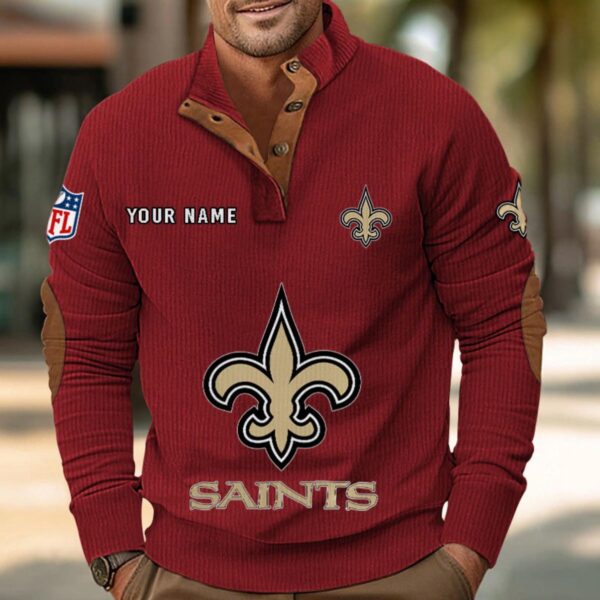 New Orleans Saints Button Up Shirts Stand Collar Long Sleeve Shirt Elbow Patches