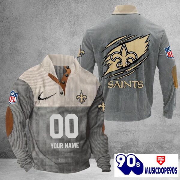 New Orleans Saints Vintage Button Up Shirts Stand Collar Long Sleeve Shirt Elbow Patches