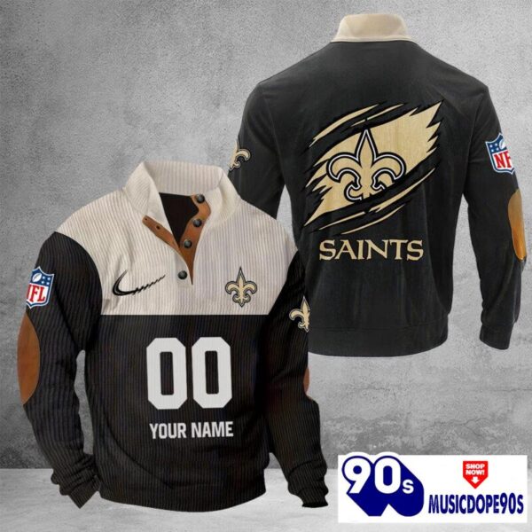 New Orleans Saints Vintage Button Up Shirts Stand Collar Long Sleeve Shirt Elbow Patches