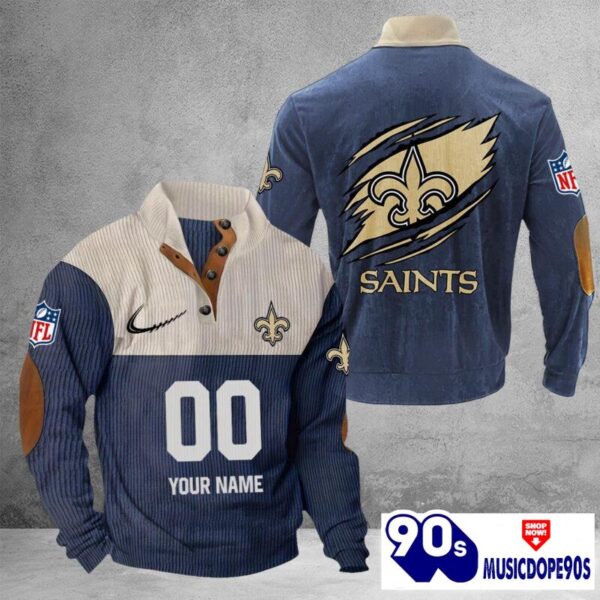 New Orleans Saints Vintage Button Up Shirts Stand Collar Long Sleeve Shirt Elbow Patches