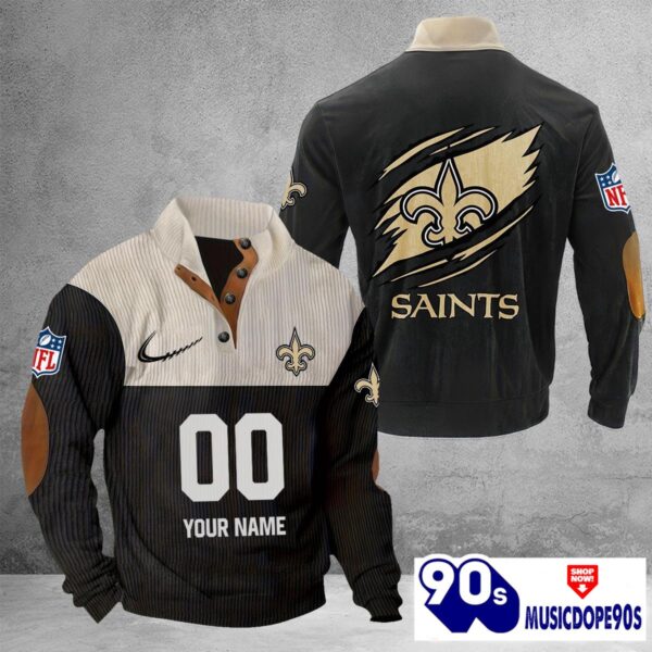 New Orleans Saints Vintage Button Up Shirts Stand Collar Long Sleeve Shirt Elbow Patches