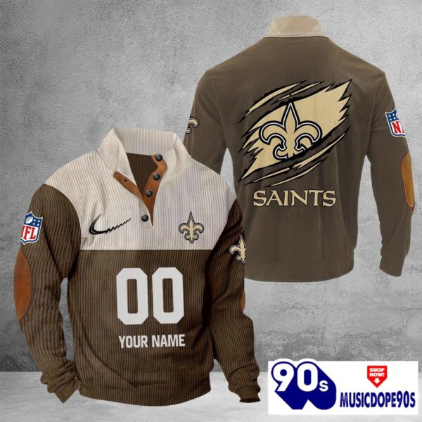 New Orleans Saints Vintage Button Up Shirts Stand Collar Long Sleeve Shirt Elbow Patches
