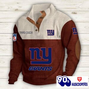 New York Giants Button Up Shirts Stand Collar Long Sleeve Shirt Elbow Patches