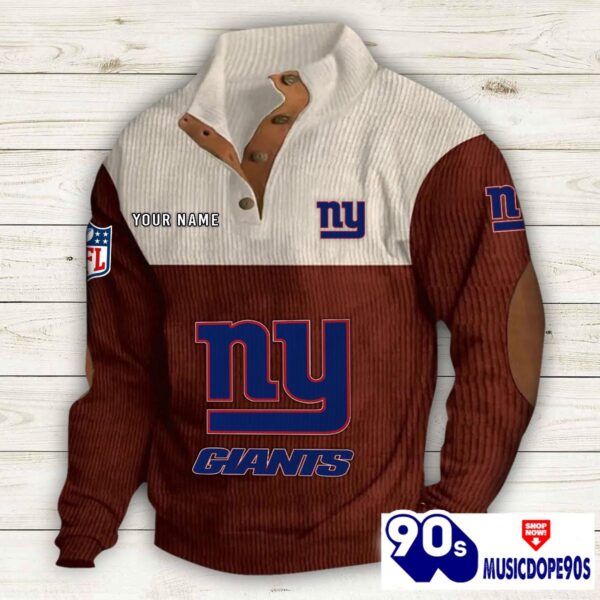 New York Giants Button Up Shirts Stand Collar Long Sleeve Shirt Elbow Patches