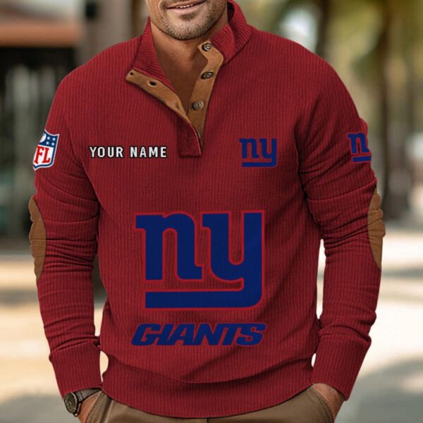 New York Giants Button Up Shirts Stand Collar Long Sleeve Shirt Elbow Patches