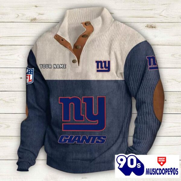 New York Giants Button Up Shirts Stand Collar Long Sleeve Shirt Elbow Patches