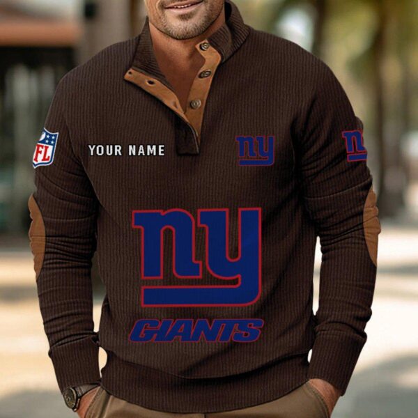 New York Giants Button Up Shirts Stand Collar Long Sleeve Shirt Elbow Patches