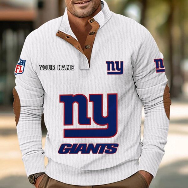 New York Giants Button Up Shirts Stand Collar Long Sleeve Shirt Elbow Patches