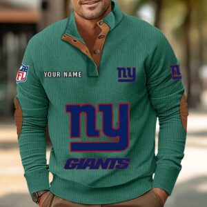 New York Giants Button Up Shirts Stand Collar Long Sleeve Shirt Elbow Patches