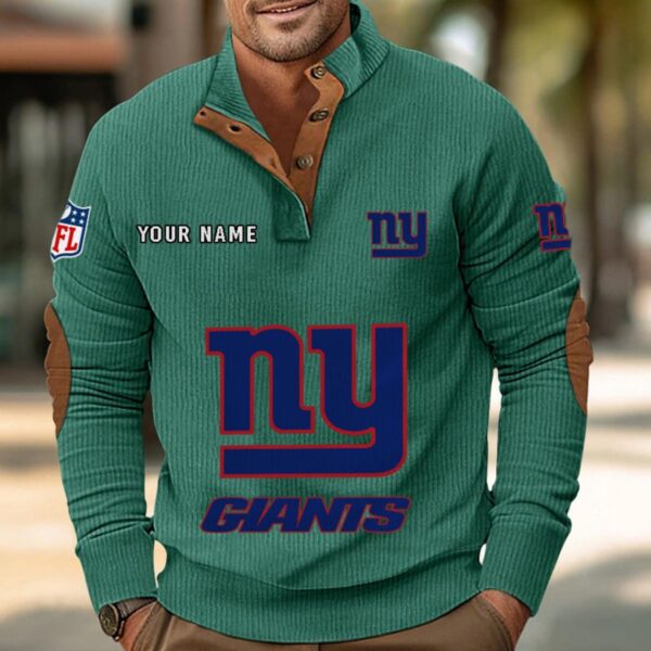 New York Giants Button Up Shirts Stand Collar Long Sleeve Shirt Elbow Patches