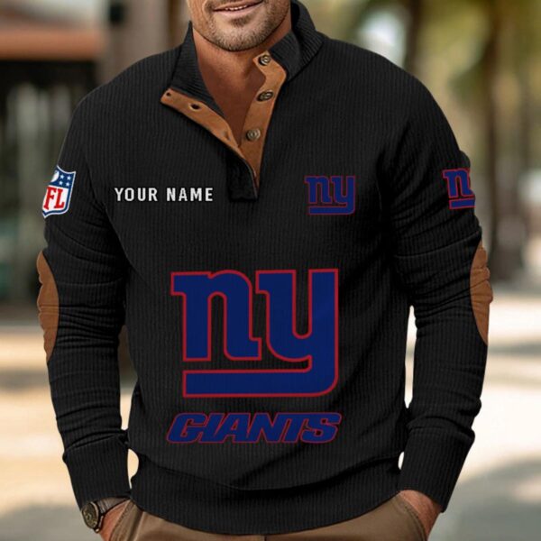 New York Giants Button Up Shirts Stand Collar Long Sleeve Shirt Elbow Patches