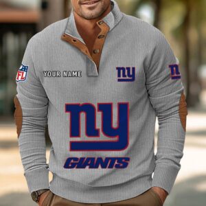 New York Giants Button Up Shirts Stand Collar Long Sleeve Shirt Elbow Patches