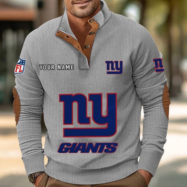 New York Giants Button Up Shirts Stand Collar Long Sleeve Shirt Elbow Patches
