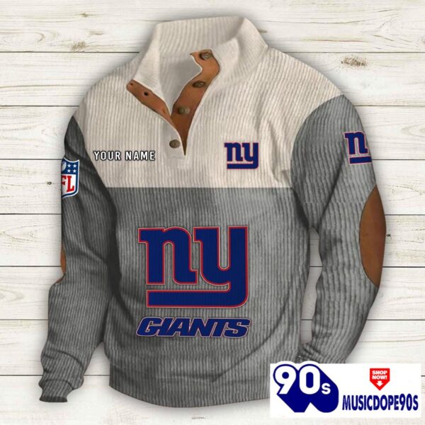 New York Giants Button Up Shirts Stand Collar Long Sleeve Shirt Elbow Patches