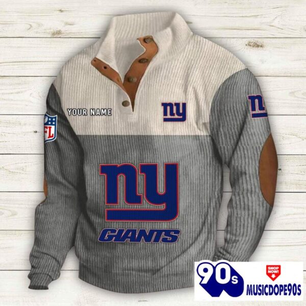 New York Giants Button Up Shirts Stand Collar Long Sleeve Shirt Elbow Patches