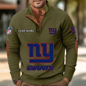 New York Giants Button Up Shirts Stand Collar Long Sleeve Shirt Elbow Patches