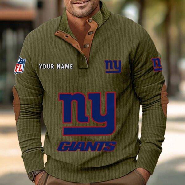 New York Giants Button Up Shirts Stand Collar Long Sleeve Shirt Elbow Patches