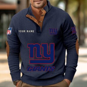 New York Giants Button Up Shirts Stand Collar Long Sleeve Shirt Elbow Patches