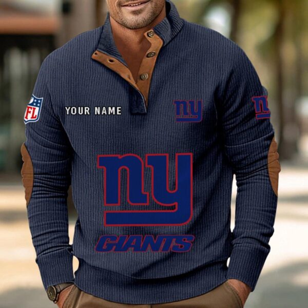 New York Giants Button Up Shirts Stand Collar Long Sleeve Shirt Elbow Patches